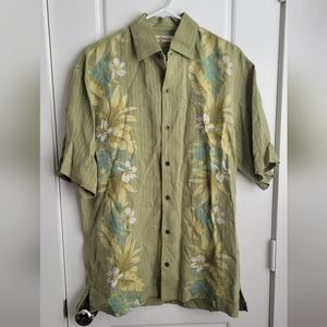 Tommy Bahama Mens Short Sleeve Green Stripe Floral Button Down Size Medium